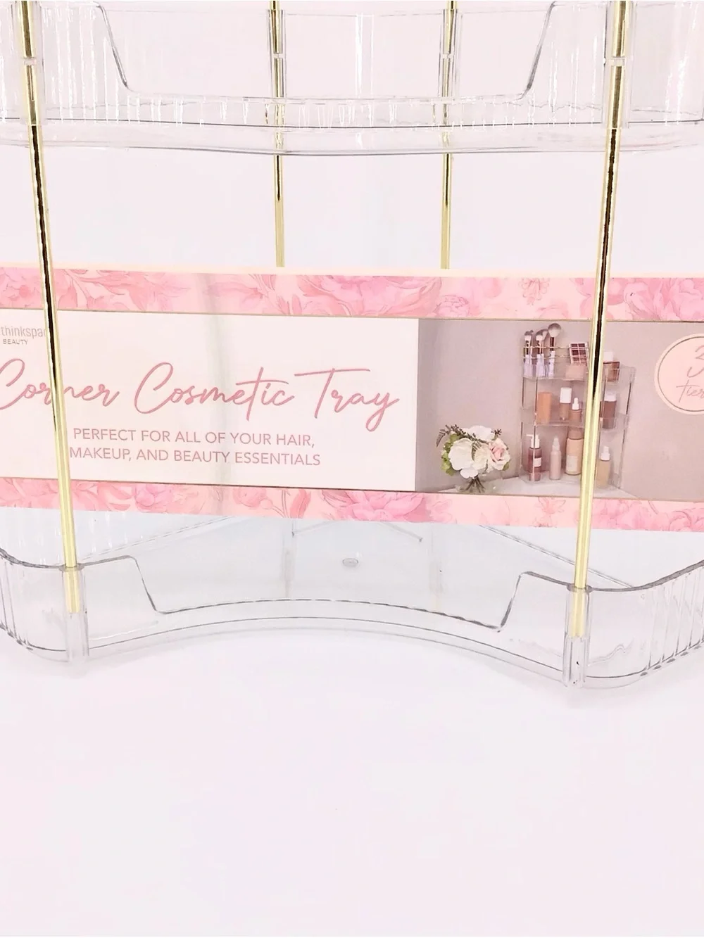 Thinkspace Beauty Clear & Gold 3-Tier Corner Cosmetic Tray New